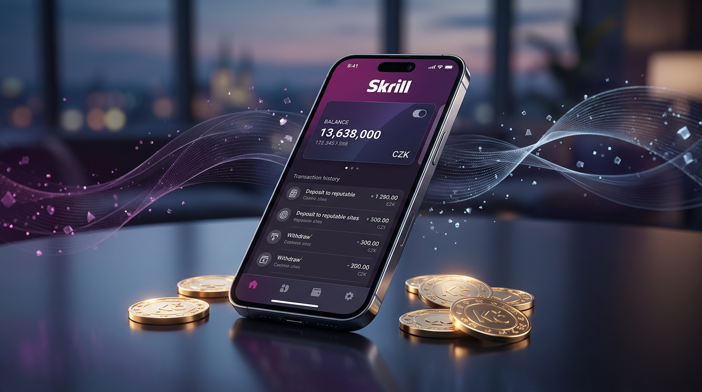 Futuristické rozhraní Skrill peněženky s digitálními kasinovými žetony a datovými proudy