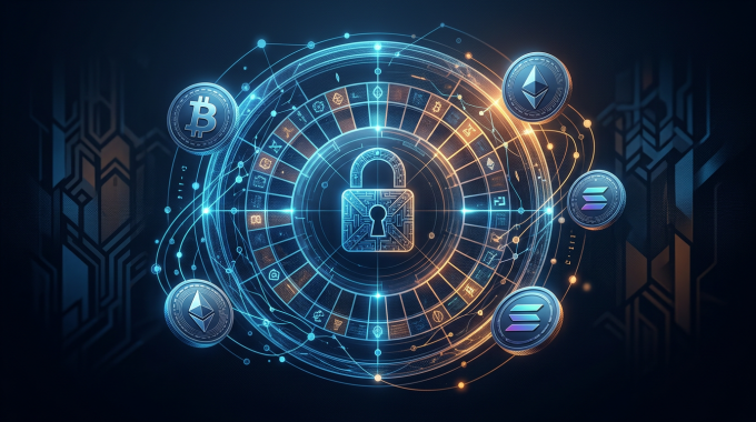 Futuristické zobrazení krypto kasina s digitální ruletou a symboly blockchainu pro rok 2026