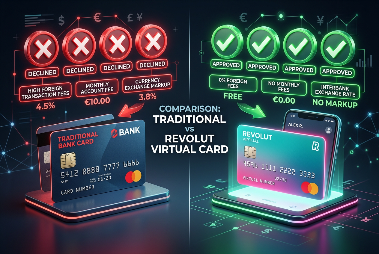 Srovnání rozhraní tradiční banky a Revolutu pro iGaming transakce